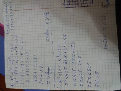 Номер 35.11 решите неравенства 1)х^2-(9-х)^2> -2х 2)х^2< (25-х)^2+25х !