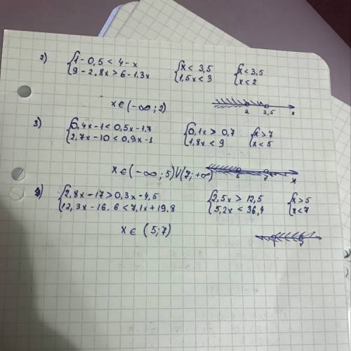 2) 1-0,5 < 4-x 9-2.8x> 6-1.3x 3) 0.4x-1< 0.5x-1.7 2.7x-10< 0.9x-1 4)2.8x-17> 0.3x-4.5