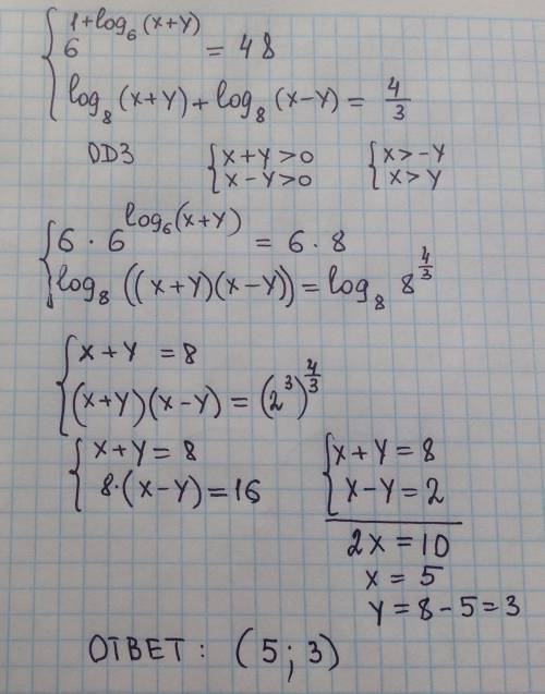 Решите систему уравнений: 6^(1+log6(x+y))=48 log8(x+y)+log8(x-y)=4/3 help