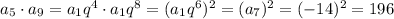 a_5\cdot a_9=a_1q^4\cdot a_1q^8=(a_1q^6)^2=(a_7)^2=(-14)^2=196