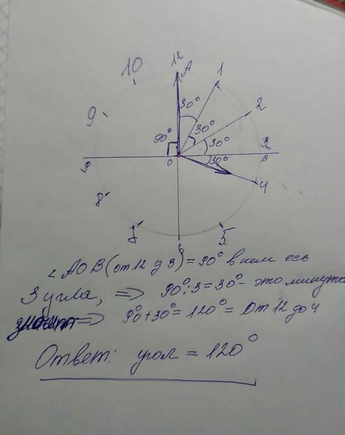 Какой угол образуют стрелки часов при времени 12: 04? (в градусах)