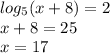 log_5(x+8)=2 \\ x+8=25 \\ x=17