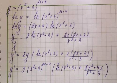 Вычислить производную методом логарифмического дифференцирования 1) y=(x^2+3)^2x+4