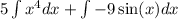 5\int x^4dx+\int-9\sin(x)dx