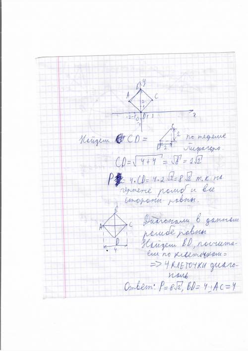 Вычислите периметр и диагональ четырехугольника авсд,если а(-2; 2),в(0; 4),с(2; 2),д(0; 0)