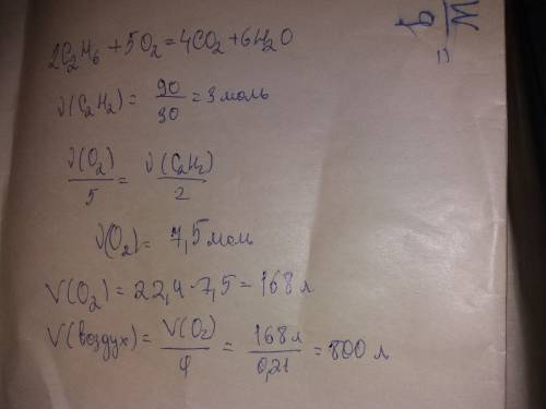 Какой объем воздуха необходимо затратить, чтобы этан массой 90 грамм сгорел полностью (объемная доля