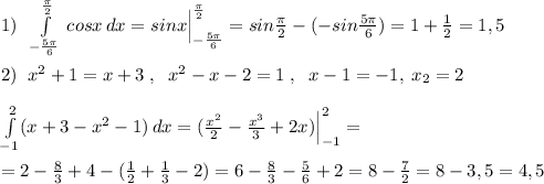 1)\; \; \int\limits^{ \frac{\pi }{2}}_{-\frac{5\pi }{6}} \, cosx\, dx=sinx\Big |^{ \frac{\pi }{2}}_{-\frac{5\pi}{6}}=sin\frac{\pi}{2}-(-sin\frac{5\pi}{6})=1+\frac{1}{2}=1,5\\\\2)\; \; x^2+1=x+3\; ,\; \; x^2-x-2=1\; ,\; \; x-1=-1,\; x_2=2\\\\\int\limits^{2}_{-1} (x+3-x^2-1)\, dx=(\frac{x^2}{2}-\frac{x^3}{3}+2x)\Big |_{-1} ^2=\\\\=2-\frac{8}{3}+4-(\frac{1}{2}+\frac{1}{3}-2)=6-\frac{8}{3}-\frac{5}{6}+2=8-\frac{7}{2}=8-3,5=4,5