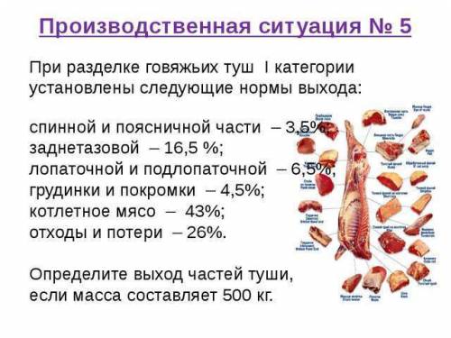 При разделке говяжьих туш 1 категории установлены следующие нормы выхода: спинной и поясничной части