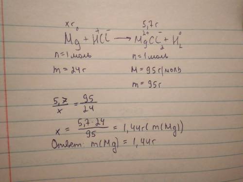 Определить массу магния если в реакции с соляной кислотой образовалось mg+hcl; m(mgcl2)=-5,7г