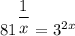 81^{\dfrac{1}{x}}=3^{2x}