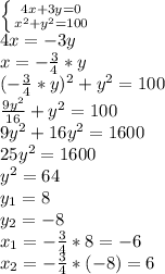 \left \{ {{4x+3y=0} \atop {x^2+y^2=100}} \right. &#10;\\4x=-3y&#10;\\x=- \frac{3}{4}* y&#10;\\(- \frac{3}{4}* y)^2+y^2=100&#10;\\ \frac{9y^2}{16} +y^2=100&#10;\\9y^2+16y^2=1600&#10;\\25y^2=1600&#10;\\y^2=64&#10;\\y_1=8&#10;\\y_2=-8&#10;\\x_1=- \frac{3}{4}*8=-6&#10;\\x_2=- \frac{3}{4}*(-8)=6