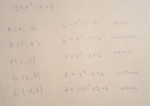 Принадлежит ли графику функции y=x^2-x+1 точка: 1)a (0; -1); 2)b (0,1); 3)c (2; 0); 4)d (1,1); 5)e (