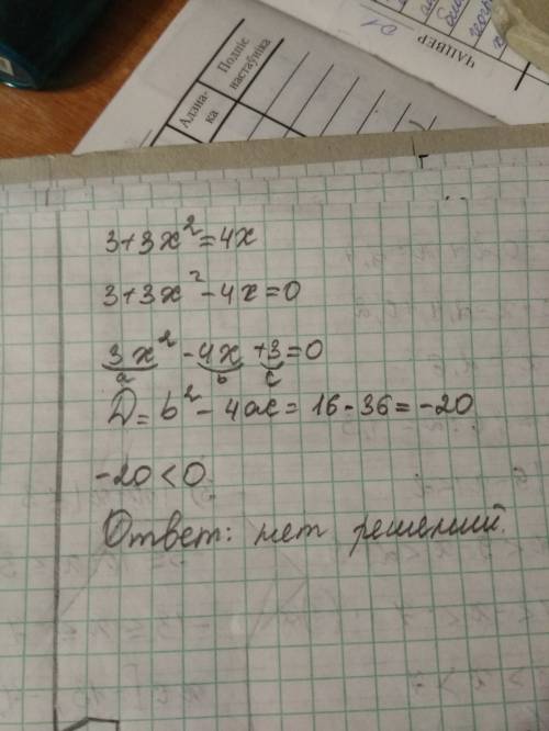 Решите квадратное уравнение 3+3х^2=4х