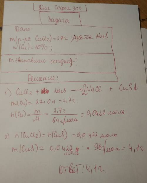 Решить , напишите решение и дано. к 27 г раствора с массовой долей хлорида меди 10% добавили избыток