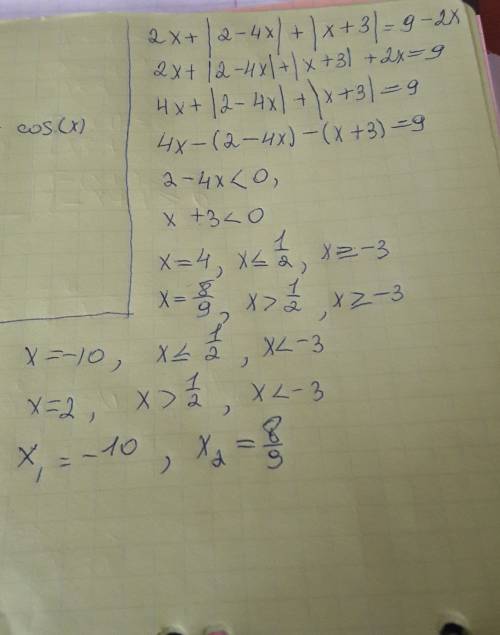 Неравенство с модулями 2х+|2-4х|+| х+3|=9-2х