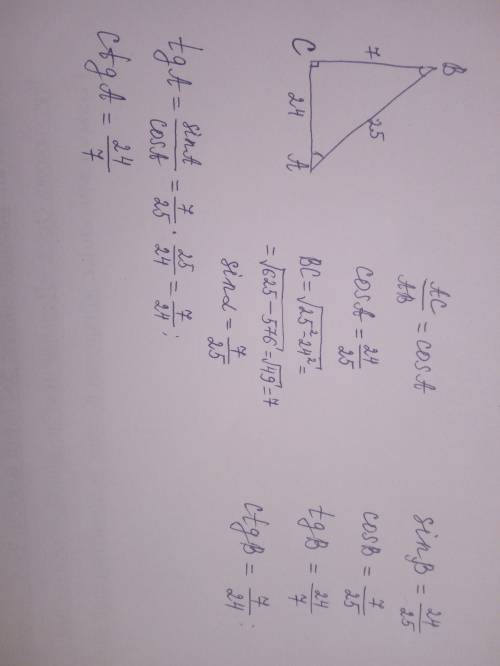 Найдите синус косинус и тангес угла а и б треугольник абс с прямым углом с если ас =24; аб=25