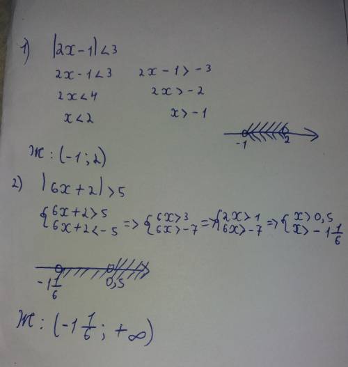 Решите неравенство 1) |2х-1| меньше 3 2) |6х+2| больше 5
