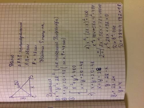 Пкриметр грямоугольника равен 48см, а длина гипотенузы - 20см. найдите площадь треугольника