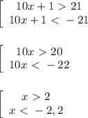 \left[\begin{array}{ccc} 10x+1 \ \textgreater \ 21\\ 10x+1 \ \textless \ -21\end{array}\right \\ \\ \\ \left[\begin{array}{ccc} 10x \ \textgreater \ 20\\ 10x \ \textless \ -22\end{array}\right \\ \\ \\ \left[\begin{array}{ccc} x \ \textgreater \ 2\\ x \ \textless \ -2,2\end{array}\right