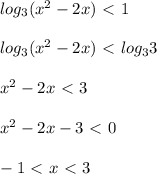 log_3(x^2-2x) \ \textless \ 1 \\ \\ log_3(x^2-2x) \ \textless \ log_33 \\ \\ x^2-2x \ \textless \ 3 \\ \\ x^2-2x - 3 \ \textless \ 0 \\ \\ -1 \ \textless \ x \ \textless \ 3