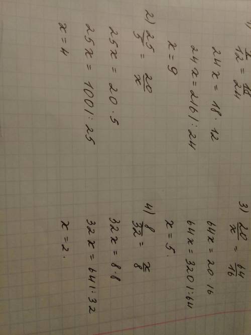 Найдите неизвестный член пропорции 1) x/12=18/24 2) 25/5=20/x 3) 20/x=64/16 4) 8/32=x/8