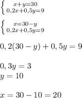 \left \{{{x+y=30} \atop {0,2x+0,5y=9}} \right \\ \\ &#10; \left \{ {{x=30-y} \atop {0,2x+0,5y=9}} \right. \\ \\ &#10;0,2(30-y)+0,5y=9 \\ \\ &#10;0,3y=3 \\ &#10;y=10 \\ \\ &#10;x=30-10=20