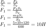 \frac{F_{1}}{S_{1}} = \frac{F_{2}}{S_{2}} \\ F_{1} = \frac{F_{2}S_{1}}{S_{2}} \\ F_{1} = \frac{mgS_{1}}{S_{2}} \\ F_{1} = \frac{5*10*120}{600} = 10H