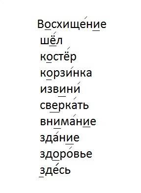 Записать, поставить ударение, подчеркнуть орфограммы : восхищение, шёл, костёр, корзинка, извини, св