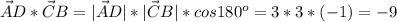 \vec AD*\vec CB = |\vec AD|*|\vec CB|*cos180^o =3*3*(-1)=-9