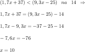 (1,7x+37)\ \textless \ (9,3x-25)\; \; \; na\; \; \; 14\; \; \Rightarrow \\\\1,7x+37=(9,3x-25)-14\\\\1,7x-9,3x=-37-25-14\\\\-7,6x=-76\\\\x=10