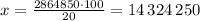 x=\frac{2864850\cdot 100}{20} =14\, 324\, 250