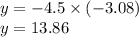 y = - 4.5 \times ( - 3.08) \\ y = 13.86 \\