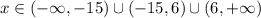 x\in (-\infty ,-15)\cup (-15,6)\cup (6,+\infty )