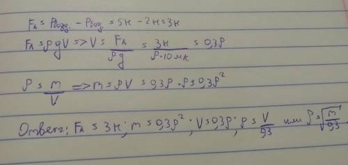 Вес тела воздуха равен 5н, а в воде 2н.чему равна архимедова сила ? какой объём тела? какова масса т