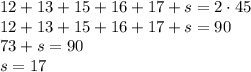 12+13+15+16+17+s=2\cdot45 \\\ 12+13+15+16+17+s=90 \\\ 73+s=90 \\\&#10; s=17