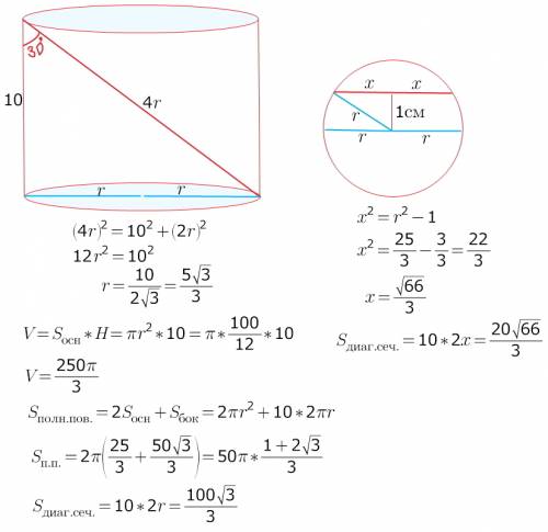 Решить, эксперты или кто нибудь понимающий это! буду . : диагональ цилиндра составляет угол в 30°, о