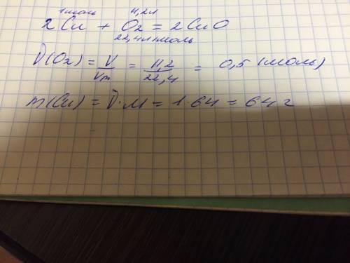 Масса меди, вступившей в реакцию с 11,2 л кислорода по уравнению реакции 2cu + o² = 2cuo 1) 6.4 2) 6