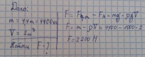 Бетонная плита массой 4.4т имеет объем 2м куб,какая необходимо сила чтобы удержать эту плиту в воде