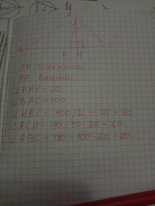 Один з кутів трикутника дорівнює 100 градусів .висота та бісектриса проведені звершини цього кута ут