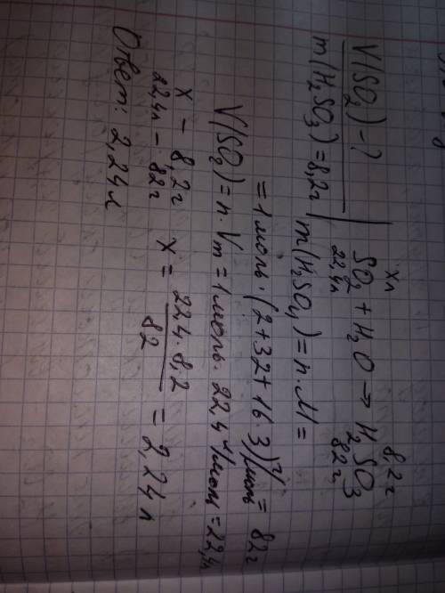 Вычислить объём сульфур(4) оксид (н.у), что прореагировал з водой , если в результате получается 8,2