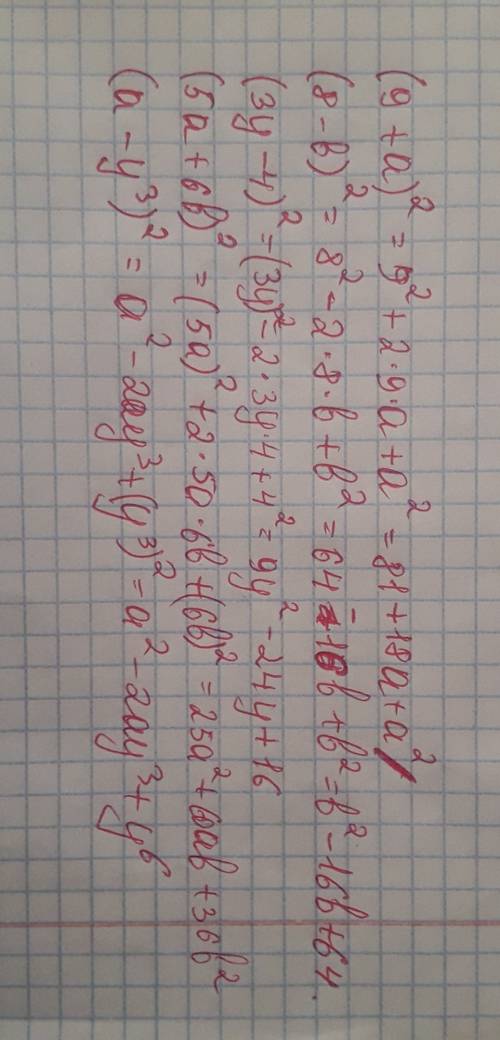 (9+а)2= (8-b)2= (3y-4)2= (5a+6b)2= (a-y3)2=