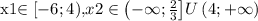 $$x1\in \left[-6;4\right)$$ , &#10;$$x2\in \left(-\infty; \frac{2}{3}\right]$$U\left(4; +\infty}\right)&#10;