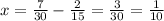 x= \frac{7}{30}- \frac{2}{15} = \frac{3}{30}= \frac{1}{10}