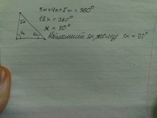 Градусні міри кутів трикутника відносяться як 3 : 4 : 5. знайдіть градусну міру найменшого кута.