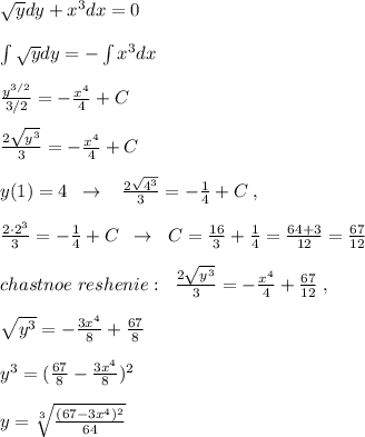 \sqrt{y}dy+ x^3dx=0\\\\\int \sqrt{y}dy=-\int x^3dx\\\\\frac{y^{3/2}}{3/2}=-\frac{x^4}{4}+C\\\\\frac{2\sqrt{y^3}}{3}=-\frac{x^4}{4}+C\\\\y(1)=4\; \; \to \; \; \; \frac{2\sqrt{4^3}}{3}=-\frac{1}{4}+C\; ,\\\\\frac{2\cdot 2^3}{3}=-\frac{1}{4}+C\; \; \to \; \; C=\frac{16}{3}+\frac{1}{4}=\frac{64+3}{12}=\frac{67}{12}\\\\chastnoe\; reshenie:\; \; \frac{2\sqrt{y^3}}{3}=-\frac{x^4}{4}+\frac{67}{12} \; ,\\\\\sqrt{y^3}=-\frac{3x^4}{8}+\frac{67}{8}\\\\y^3=(\frac{67}{8}-\frac{3x^4}{8})^2\\\\y=\sqrt[3]{\frac{(67-3x^4)^2}{64}}