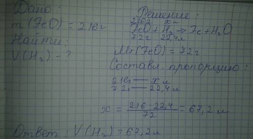 Рассчитайте объем водорода (н.у.) который вступит в реакцию с 216 г оксида железа (ii) feo