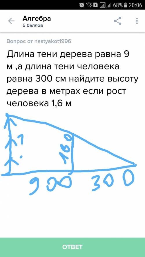 Длина тени дерева равна 9 м ,а длина тени человека равна 300 см найдите высоту дерева в метрах если