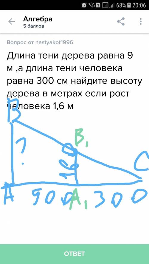 Длина тени дерева равна 9 м ,а длина тени человека равна 300 см найдите высоту дерева в метрах если