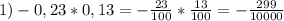 1)-0,23*0,13= -\frac{23}{100} * \frac{13}{100} =- \frac{299}{10000} &#10;