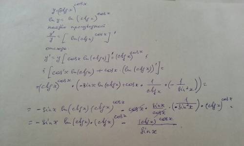 Найти производную показательно степенной функции : y=(ctgx) ^cosx